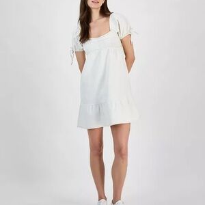 Planet Heart Chic White Puff Sleeve Off White with Brown Stitching Mini Dress